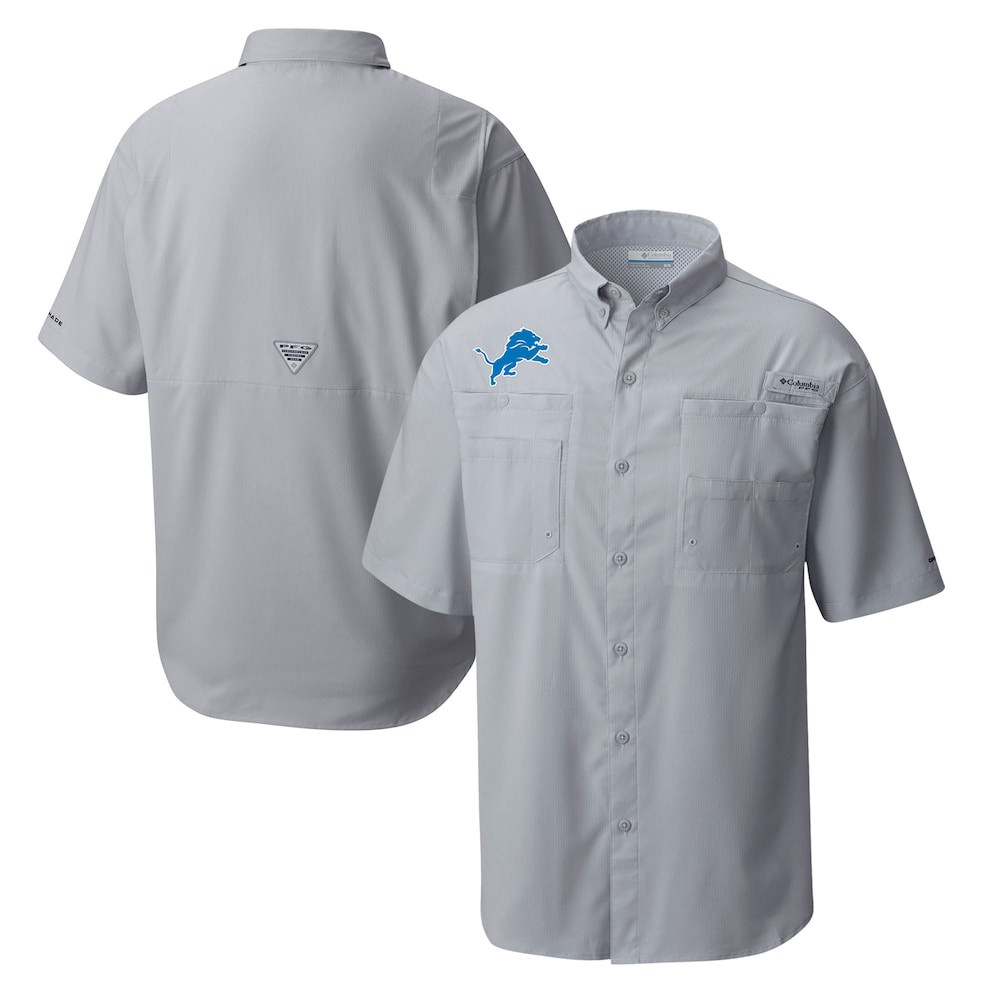 Detroit Lions Merch - Men's Columbia Gray Tamiami Omni-Shade Button-Down Shirt - Birthday Gift For Football Lover