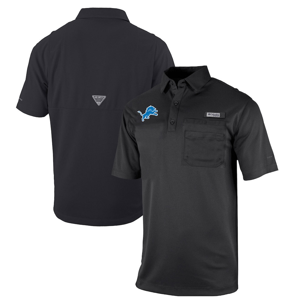 Detroit Lions Merch - Men's Columbia Omni-Wick Flycaster Pocket Polo, Black - Best Football Gifts For Adults