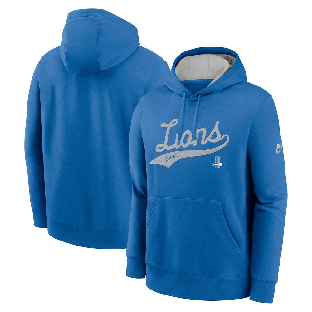 Detroit Lions Merch - Men's Rewind Club Logo Pullover Hoodie, Blue - American Football Presents