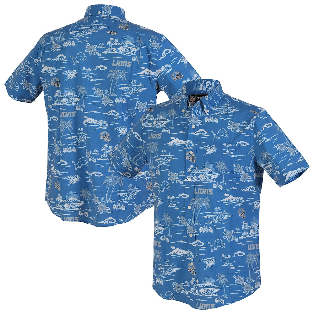 Detroit Lions Merch - Men's Reyn Spooner Kekai Performance Button-Down Shirt, Blue - Best Football Related Gifts