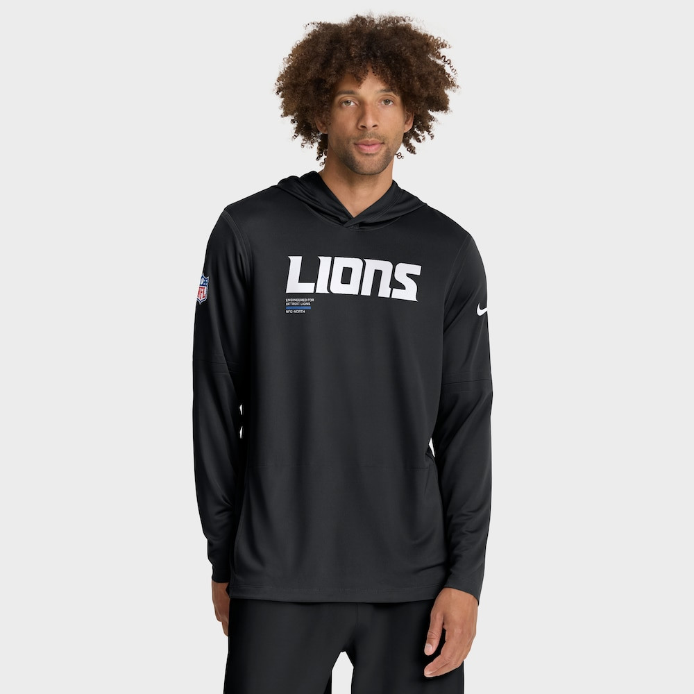 Detroit Lions Merch - Men's Sideline Dri-FIT Long Sleeve Hoodie T-Shirt, Big & Tall, Black - Presents For Football Fans