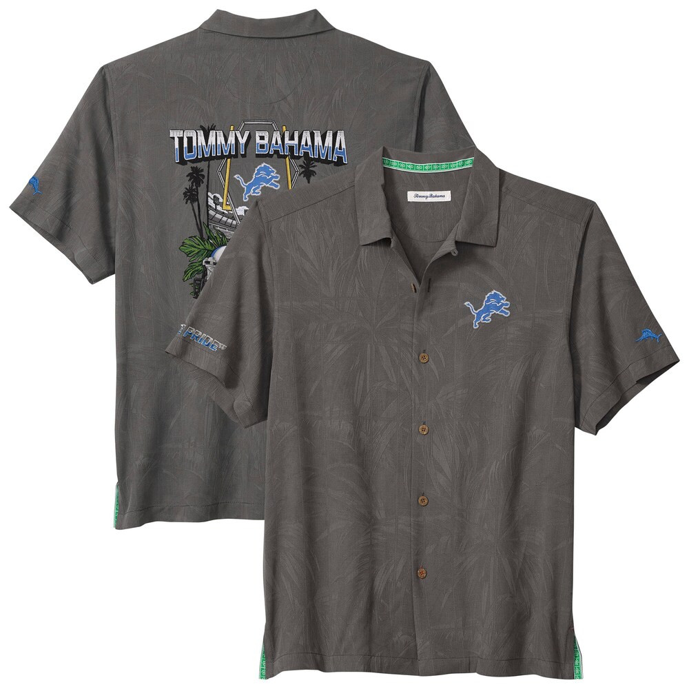 Detroit Lions Merch - Men's Tommy Bahama Gray Endzone Paradise IslandZone Button-Up Shirt - American Football Gift Ideas
