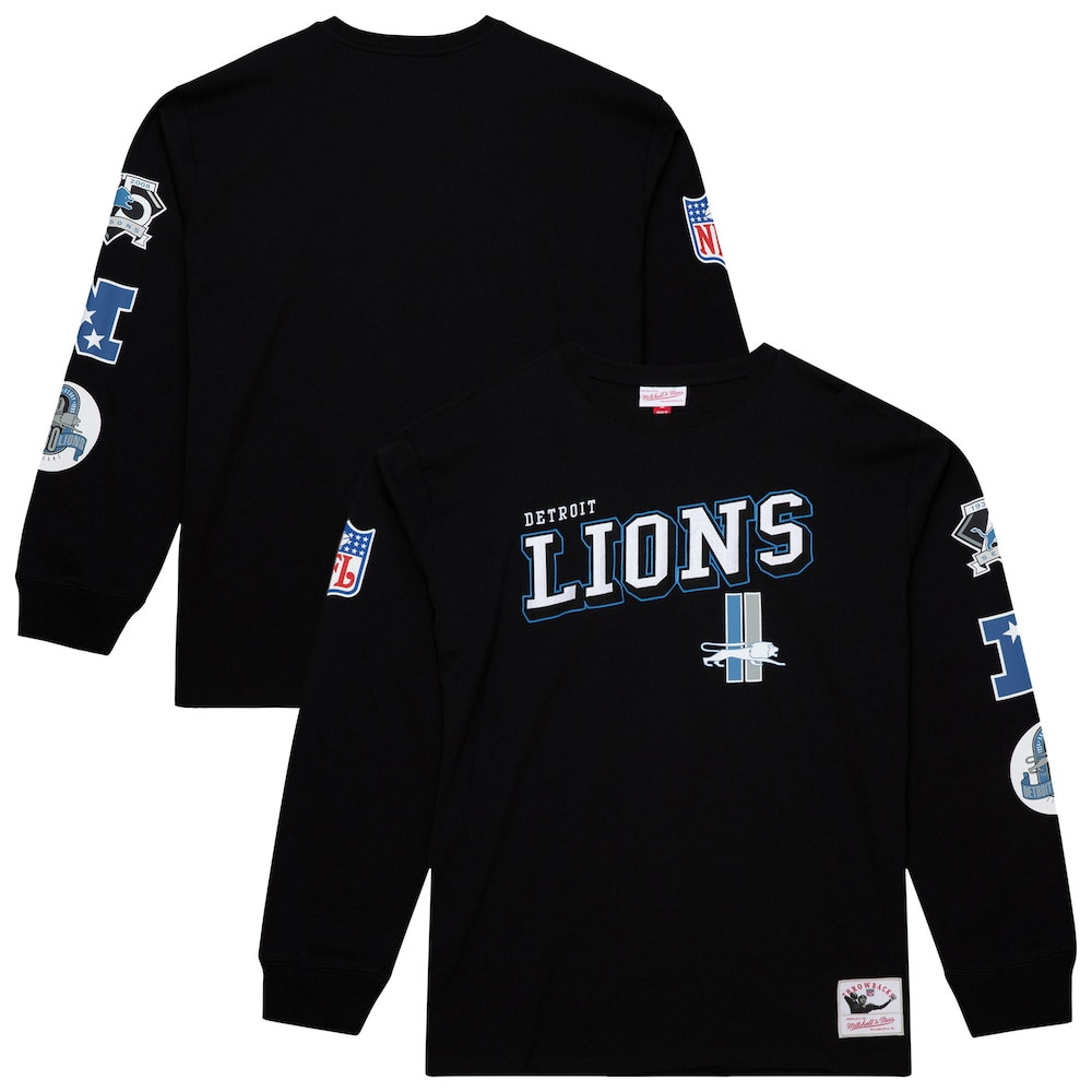 Detroit Lions Merch - Men's Training Camp Vintage Logos Long Sleeve T-Shirt, Black - Mitchell & Ness - Best Gift For A Football Lover