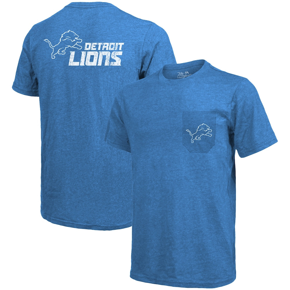 Detroit Lions Merch - Threads Pocket T-Shirt -, Blue - Majestic - American Football Gift Ideas