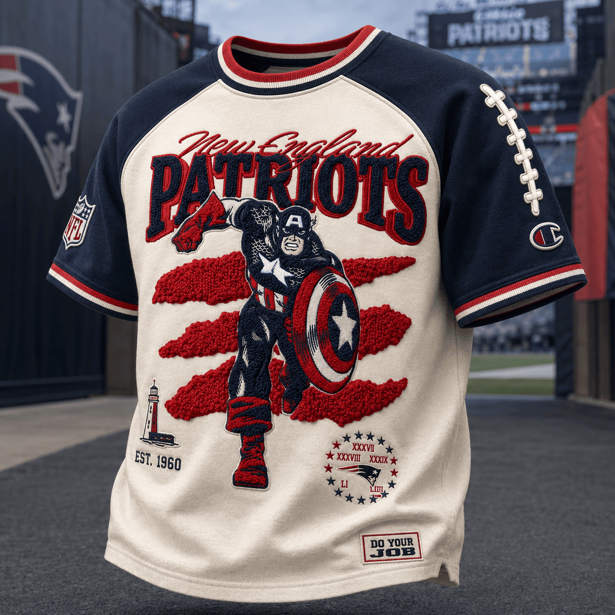 Disney X Champion NFL Merch New England Patriots Captain America T-Shirt Football Fan Gifts