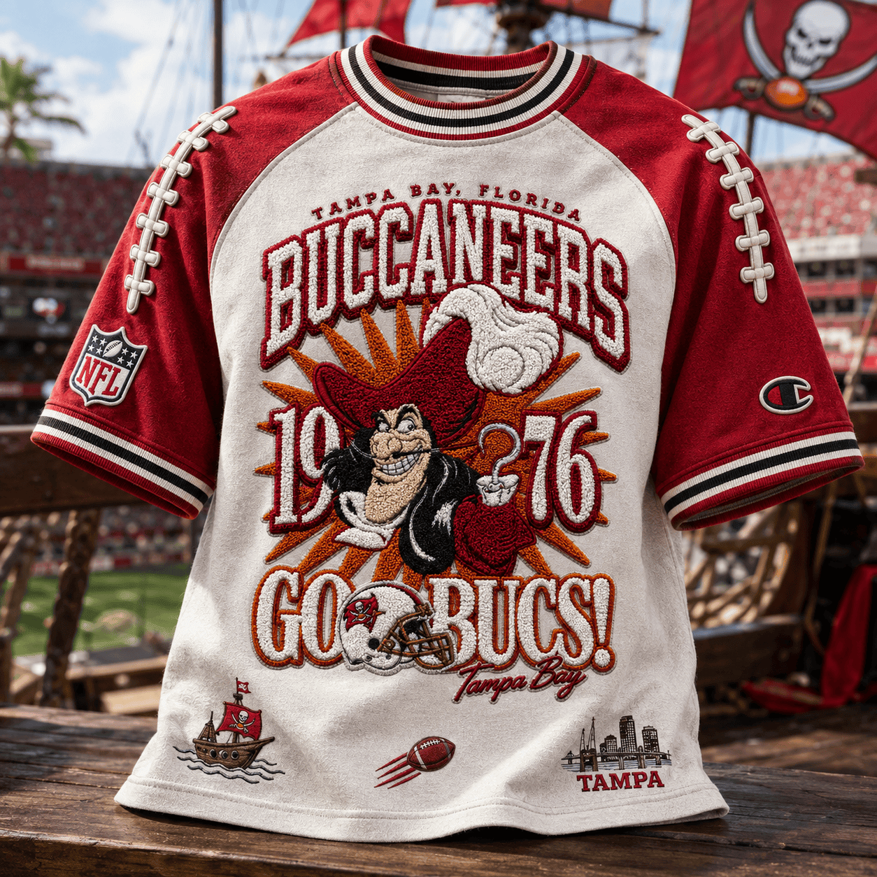 Disney X Champion NFL Merch Tampa Bay Buccaneers Captain Hook T-Shirt Go Bucs Clothing Gifts