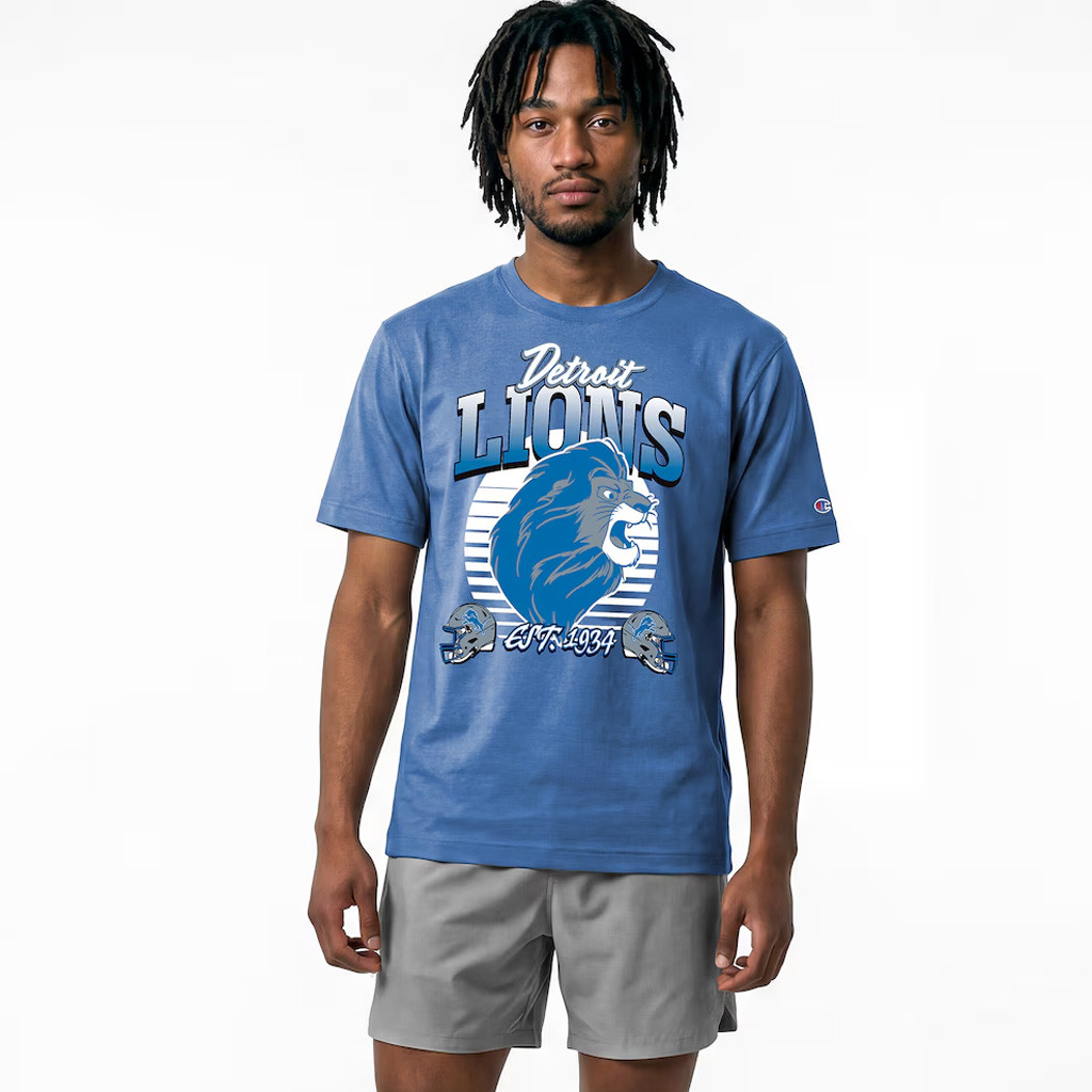 Disney X NFL Detroit Lions Merch Disney X NFL Champion Collab Detroit Lions Simba All-Star T-Shirt