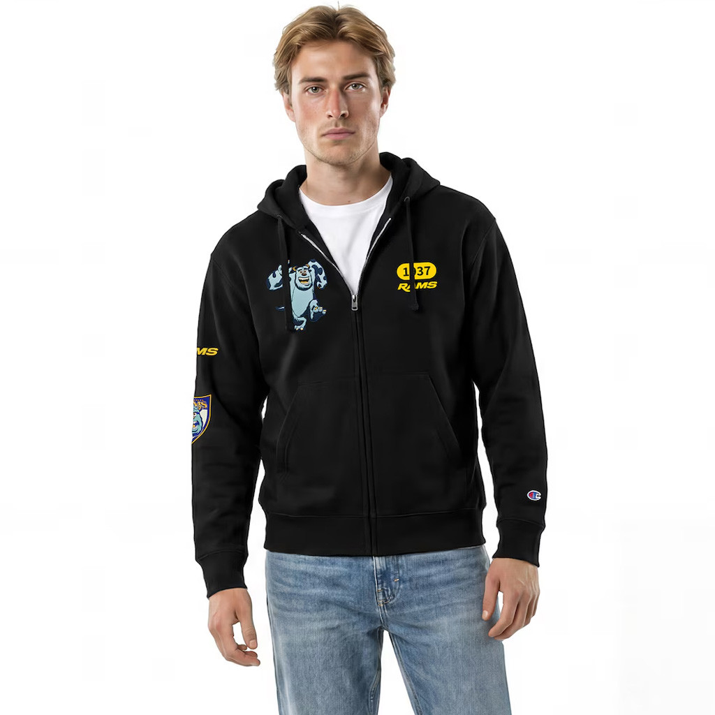 Disney X NFL Los Angeles Rams Merch Disney X NFL Champion Sulley All-Star Zip Hoodie Black Fan Gear