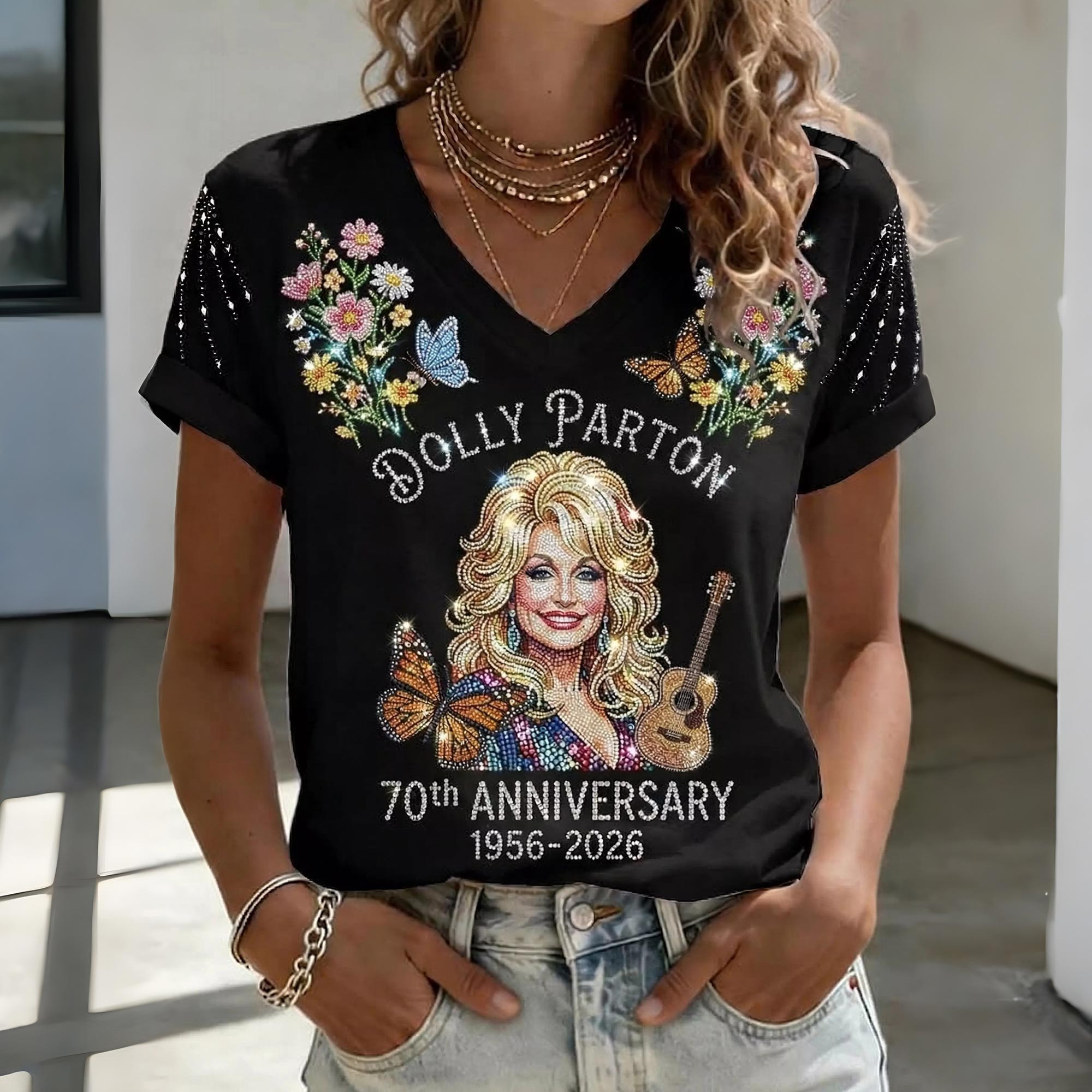 Dolly Parton 70th Anniversary 1956 2026 V-neck Shirt Dolly Parton Merch Fans Gifts