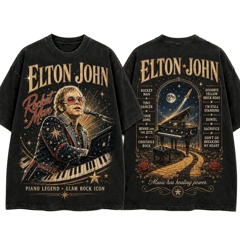 Elton John Rocket Man T-Shirt Piano Legend Glam Rock Icon Shirt Elton John Merch Fan Gifts