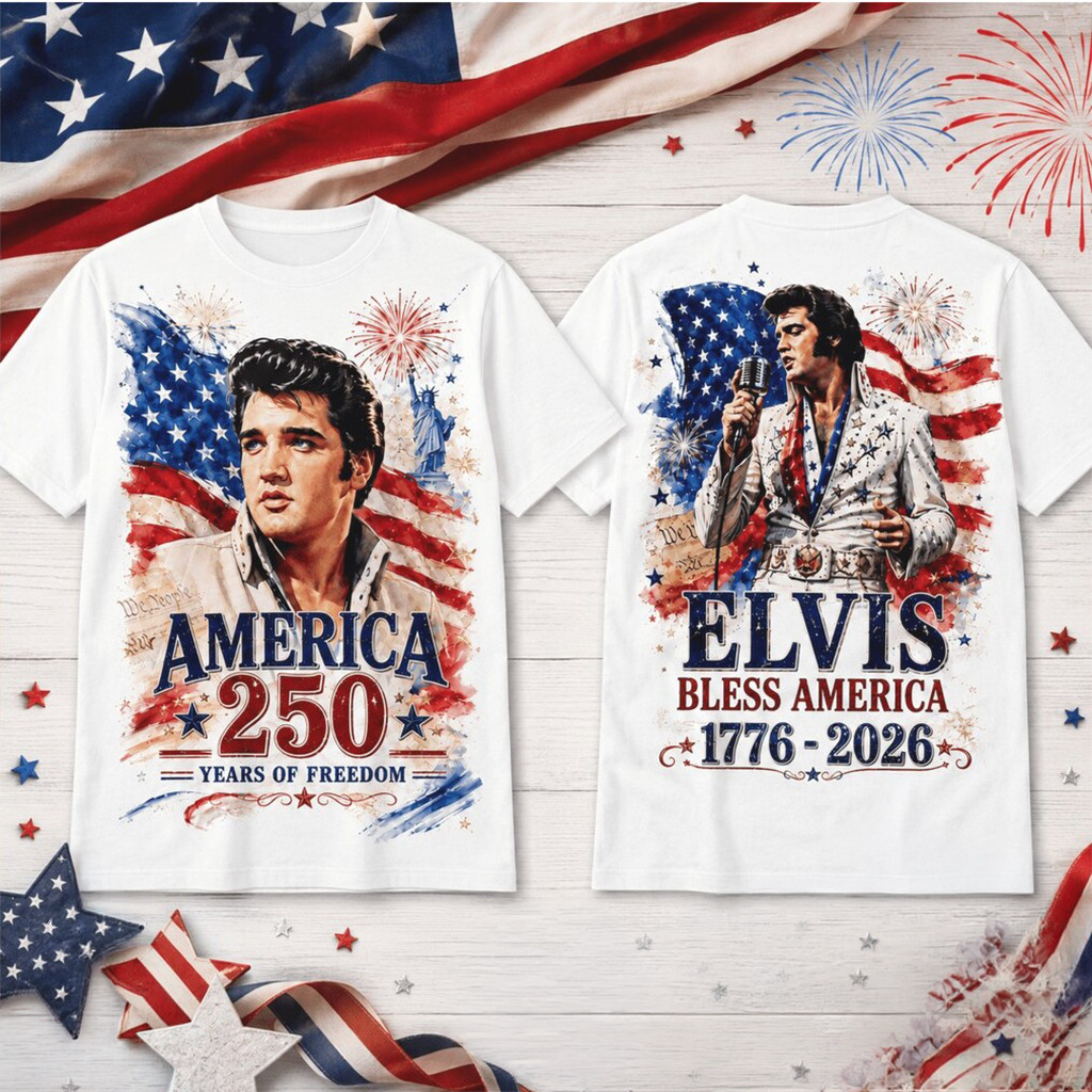 Elvis Presley Bless America 1776 2026 Patriotic Rock Icon T-Shirt Elvis Presley Merch White
