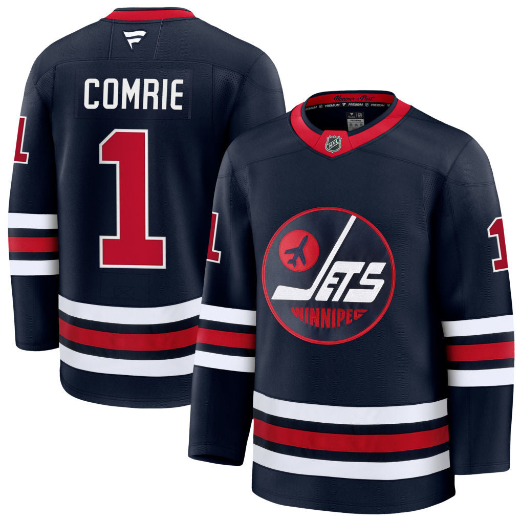 Eric Comrie Winnipeg Jets 2025 Alternate Premium Jersey - Navy 1 Eric Comrie Winnipeg Jets 2025 Alternate Premium Jersey - Navy