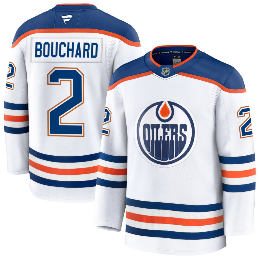 Evan Bouchard Edmonton Oilers 2025 Away Premium White Jersey 1 Evan Bouchard Edmonton Oilers 2025 Away Premium White Jersey