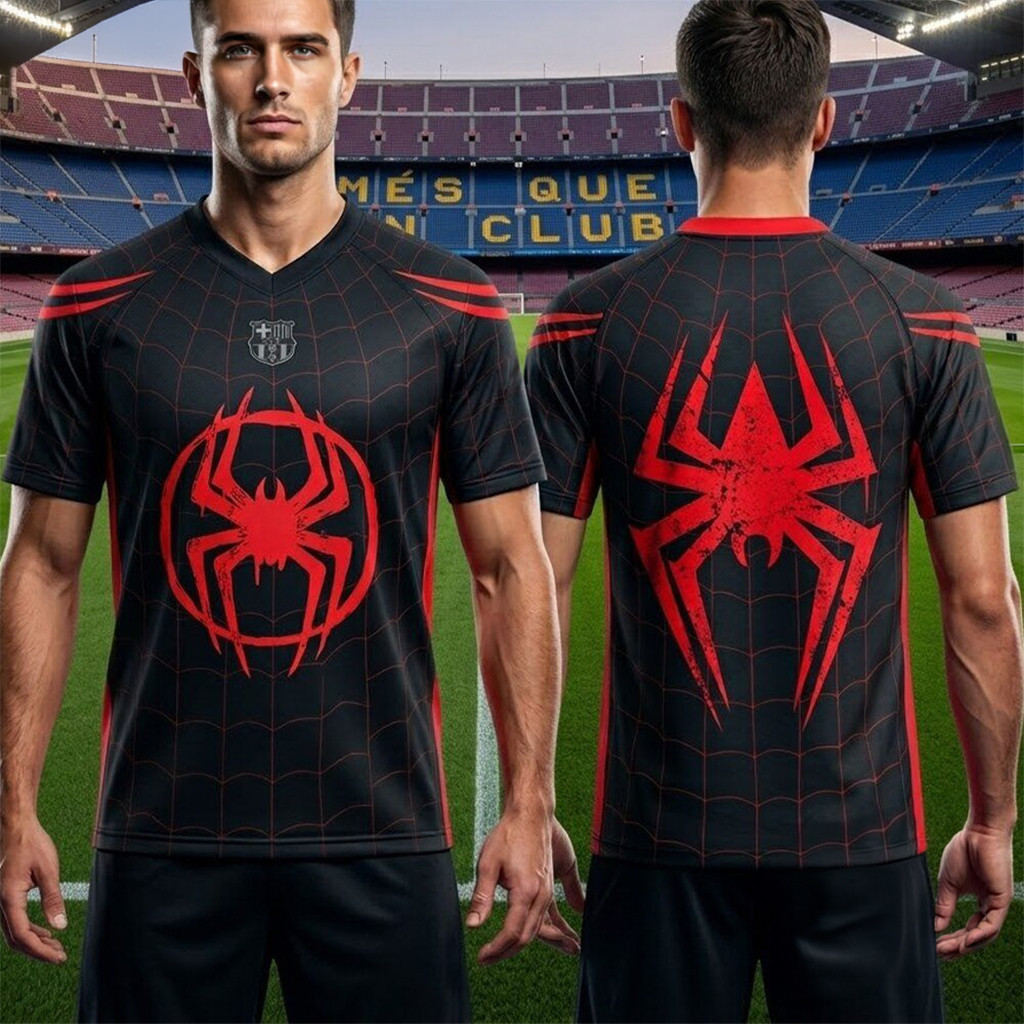 FC Barcelona Spiderman Concept Black Red Superhero Jersey FC Barcelona Merch Fan Gifts