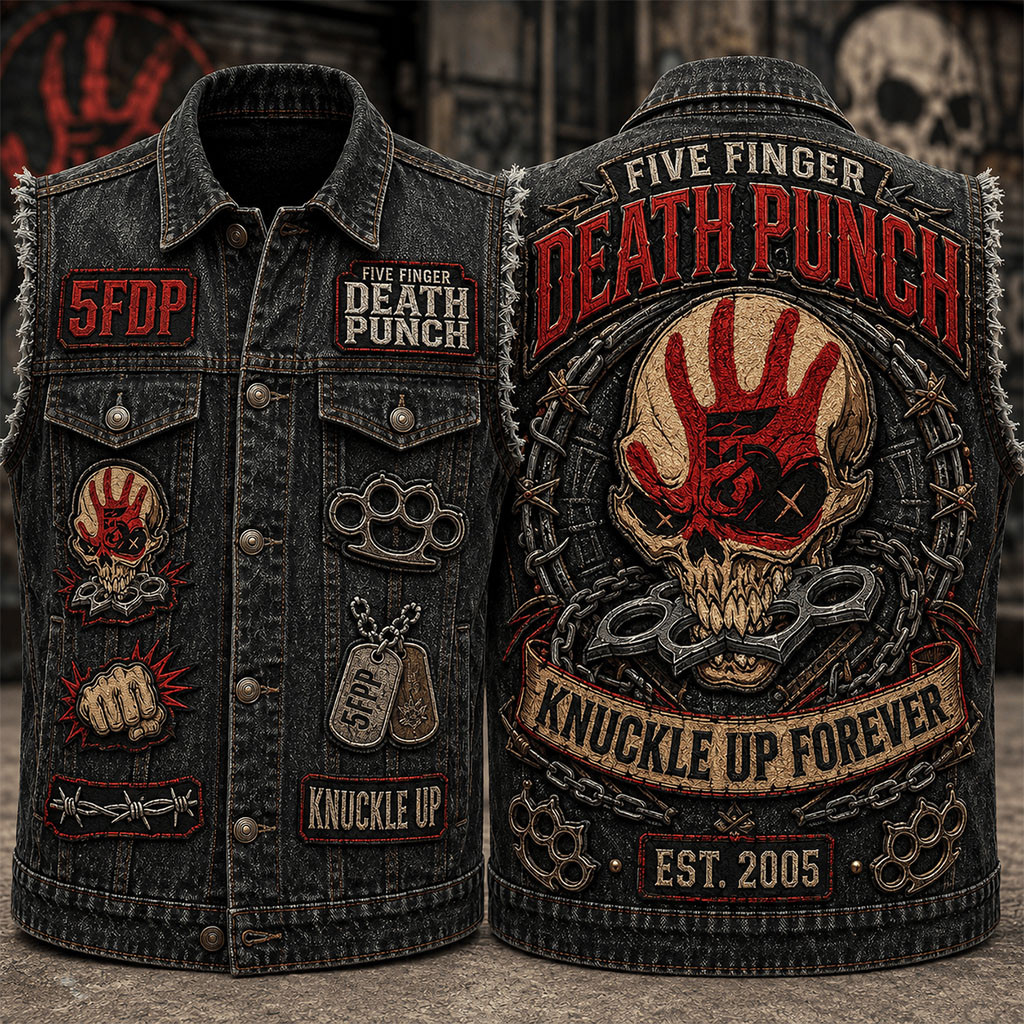 Five Finger Death Punch Knuckle Up Forever Denim Vest 5FDP Merch Gift For Band Fans