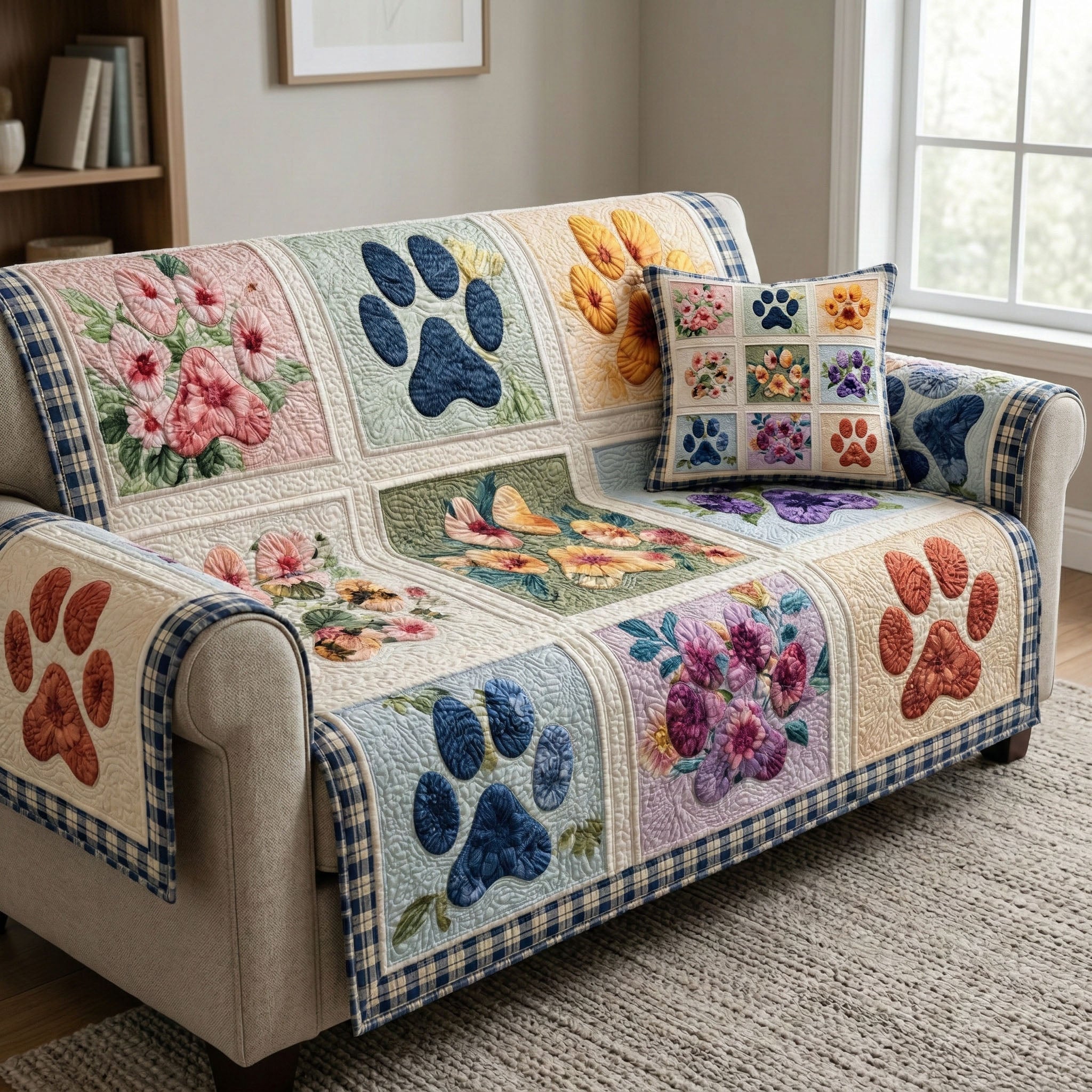 Floral Paw Quilted Couch Cover Washable Sofa Dog Protector Mothers Day Presents For Grandma