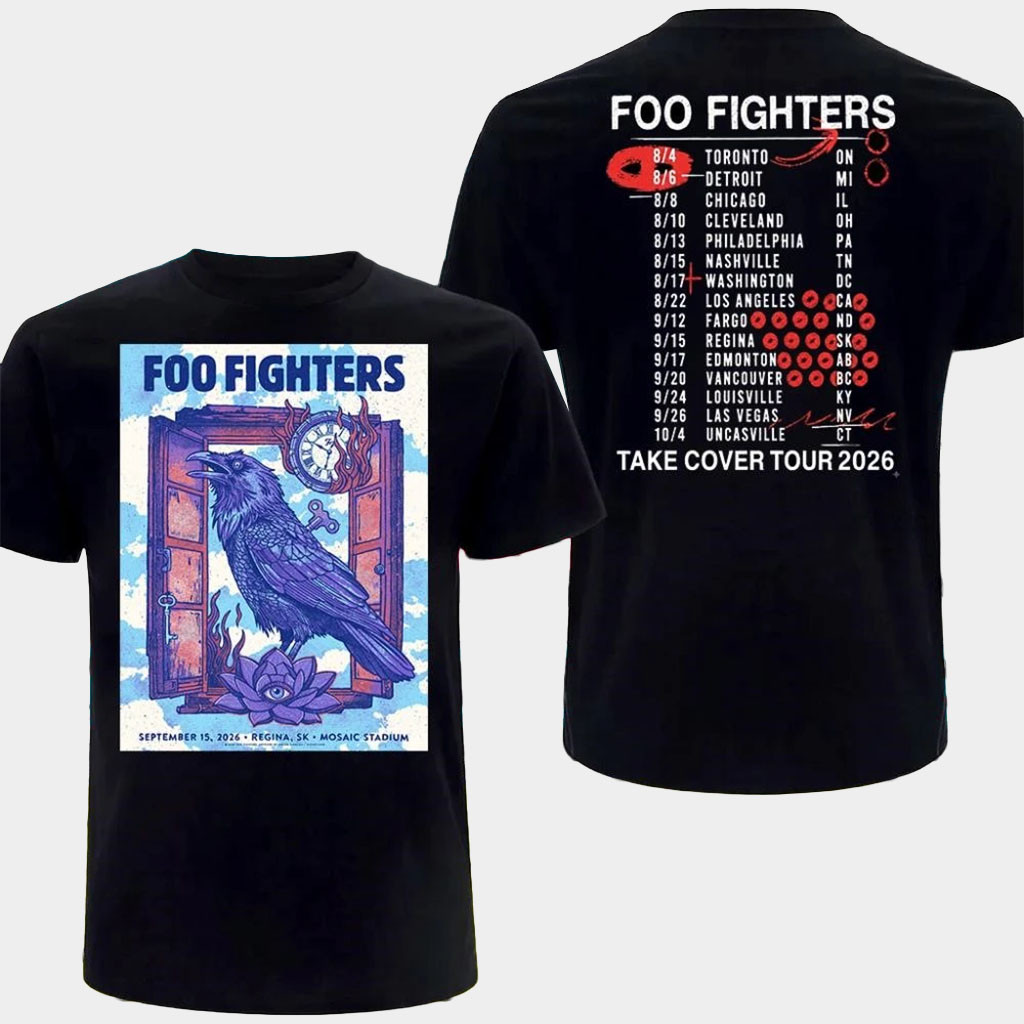 Foo Fighters Merch Take Cover Tour 2026 T-Shirt Purple Raven And Burning Clock Concert Shirt
