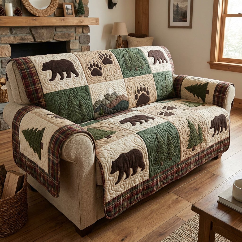 Forest Bear Quilted Couch Cover Washable Sofa Slipcover For Cats Housewarming Gift Ideas