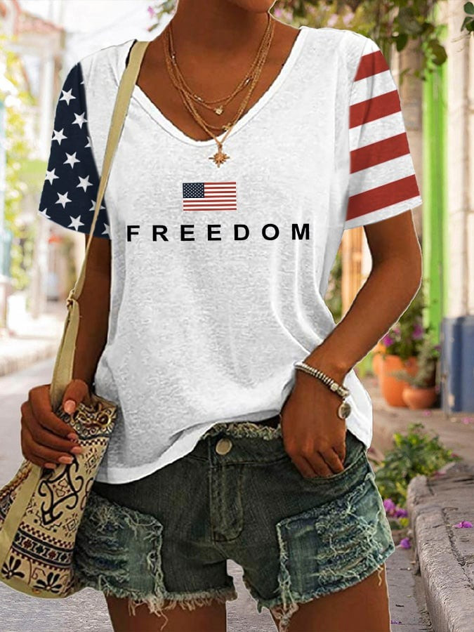 Freedom V-Neck T-Shirt USA Flag Charlie Kirk Merch Patriotic Apparel Gifts For Wife