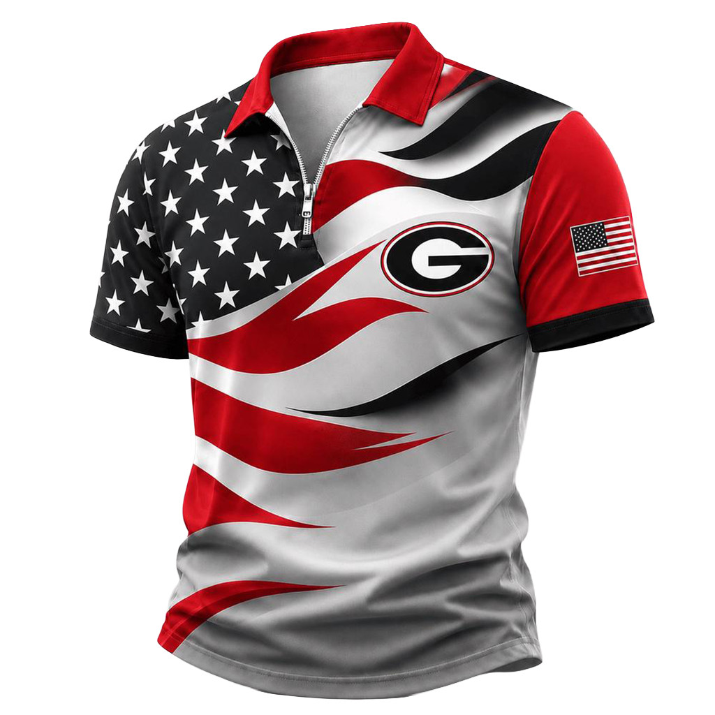 Georgia Bulldogs Freedom Wave Zipper Polo Shirt American Flag 2026 Georgia Bulldogs Merch Gifts