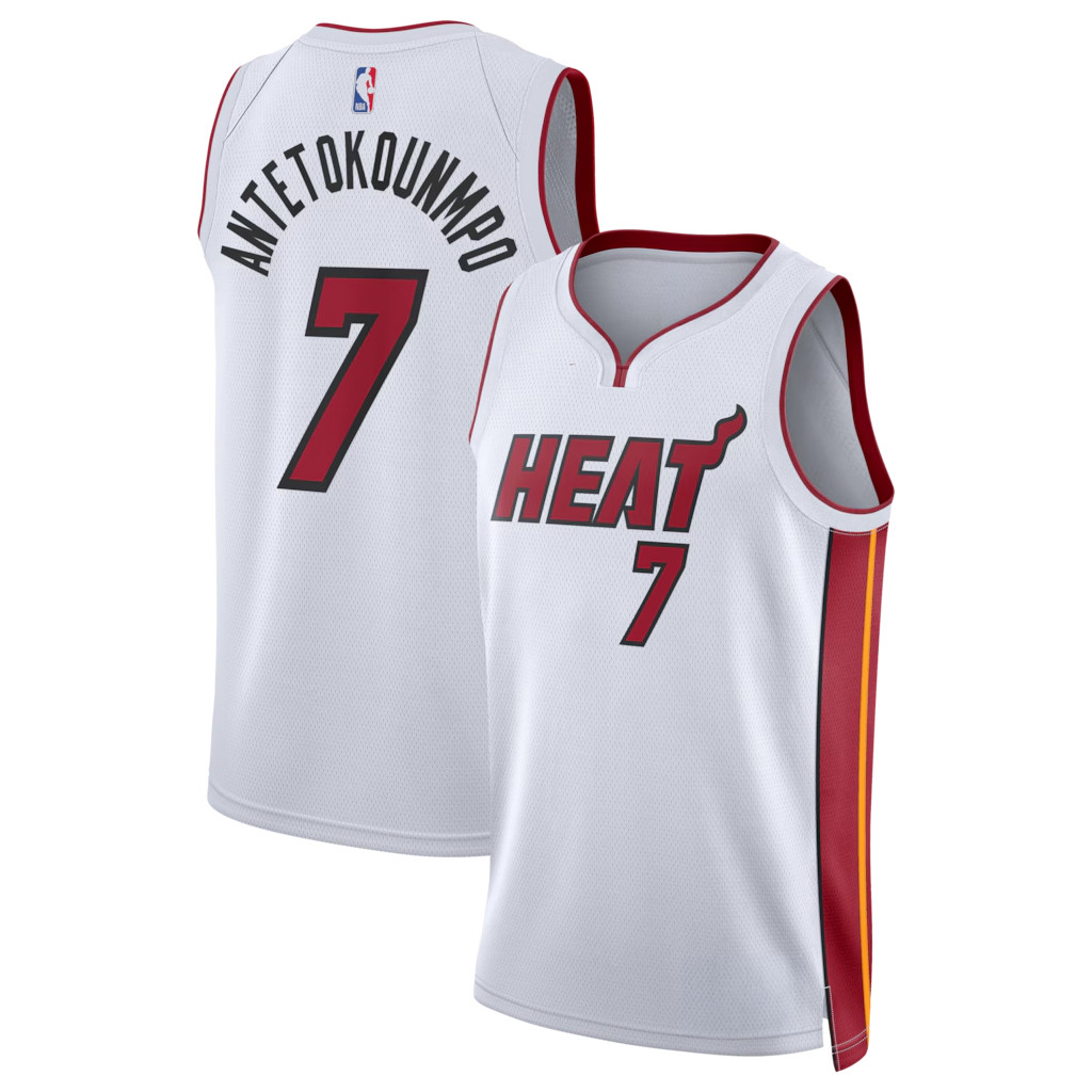 Giannis Antetokounmpo Merch 2026 Miami Heat #7 Giannis Antetokounmpo Swingman Jersey White