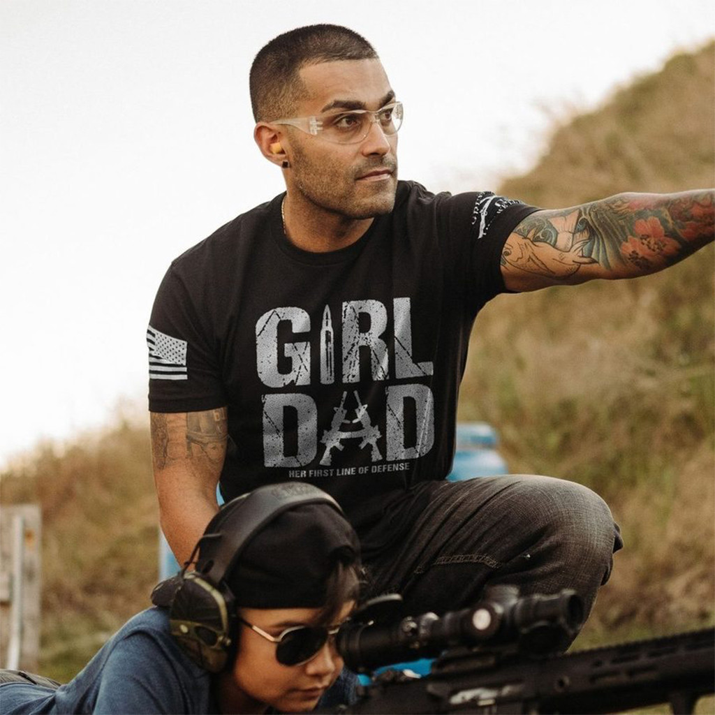 Girl Dad T-Shirt Her First Line Of Defense Shirt Patriotic Gifts For Father