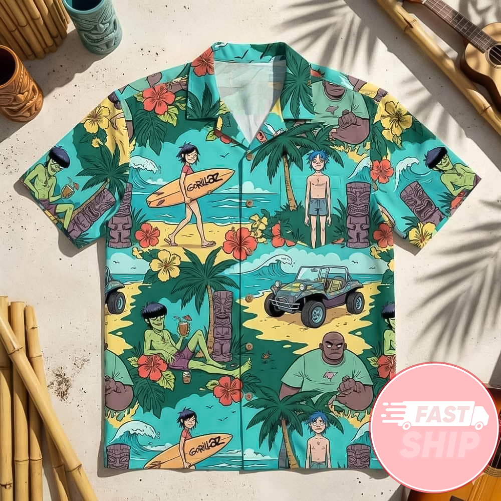 Gorillaz Band Members Noodle Murdoc And Russel With Geep Buggy Retro 2026 Hawaiian Shirt Fan Merch