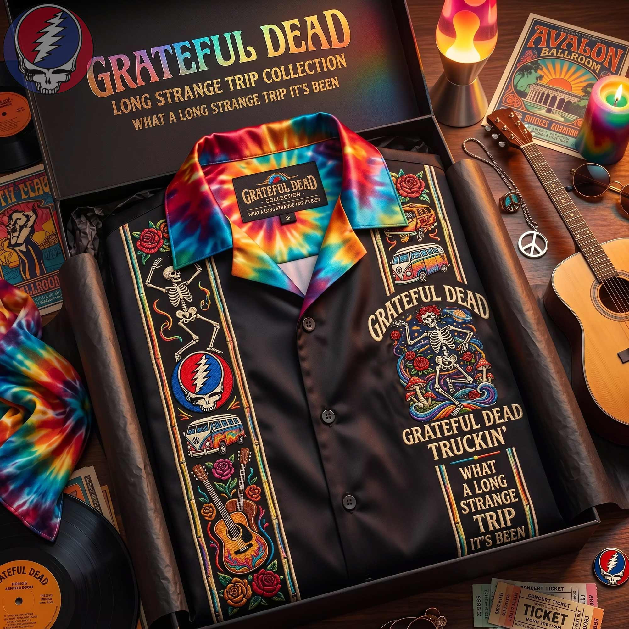 Grateful Dead Long Strange Trip Hawaiian Shirt Steal Your Face Skull Rock Band Merch Fan Gifts