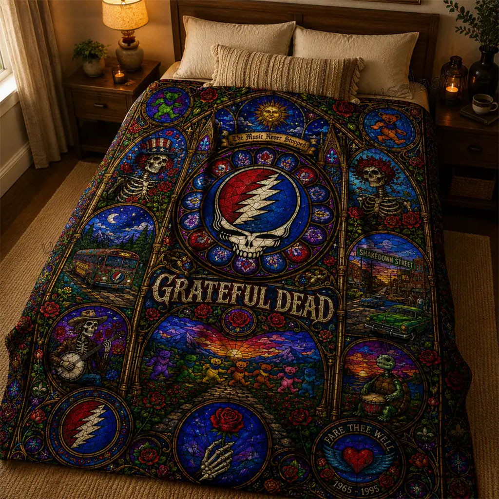 Grateful Dead The Music Never Stopped Stained Glass Quilt Blanket Grateful Dead Merch Decor