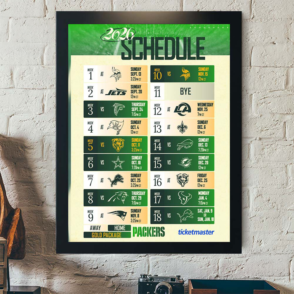 Green Bay Packers 2026 Season Schedule All Kickoffs Poster Packers Merch Home Decor