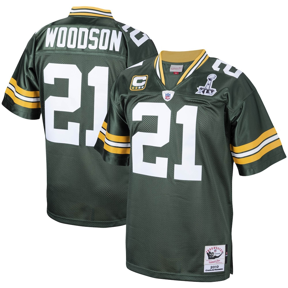 Green Bay Packers Merch - Men's 2010 Charles Woodson Authentic Throwback Retired Player Jersey, Green - Mitchell & Ness - Cool Football Gifts