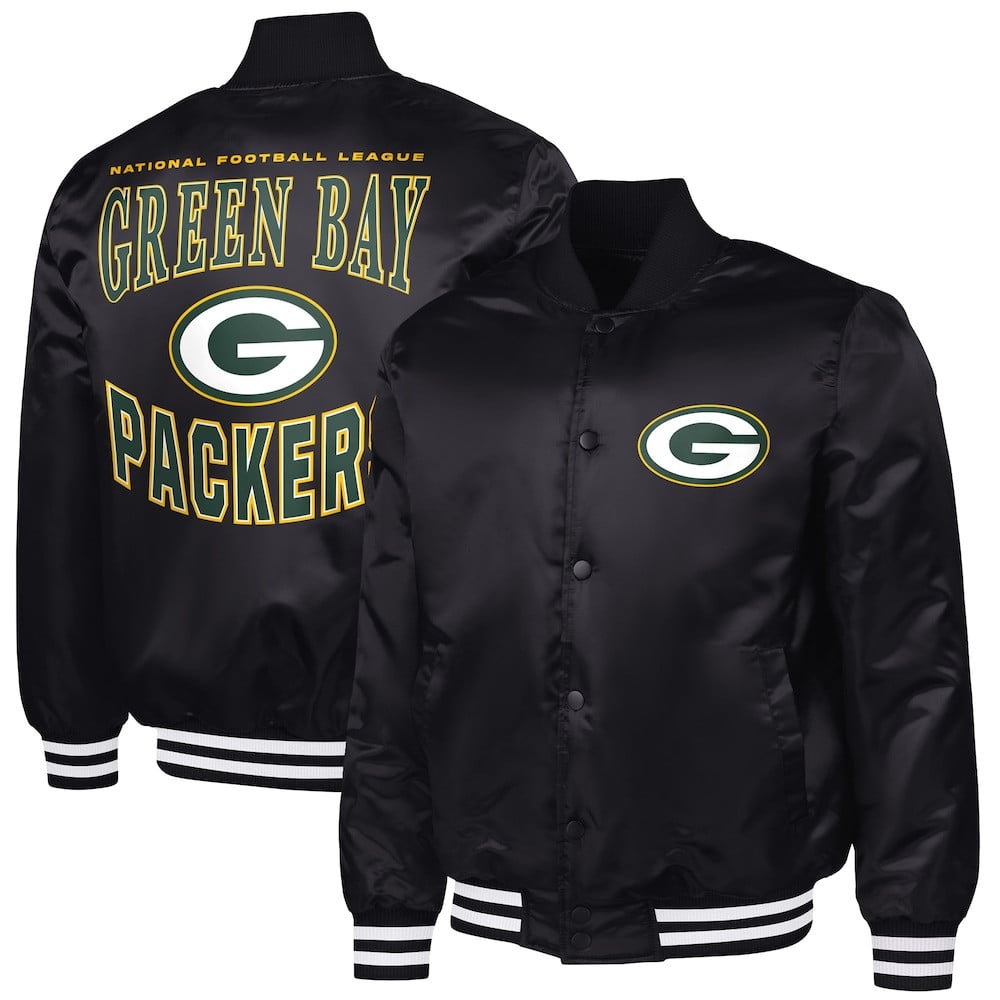 Green Bay Packers Merch - Men's Adaptive Team Graphic Satin Full-Snap Varsity Jacket, Black - G-III Sports by Carl Banks - Football Fan Present Ideas