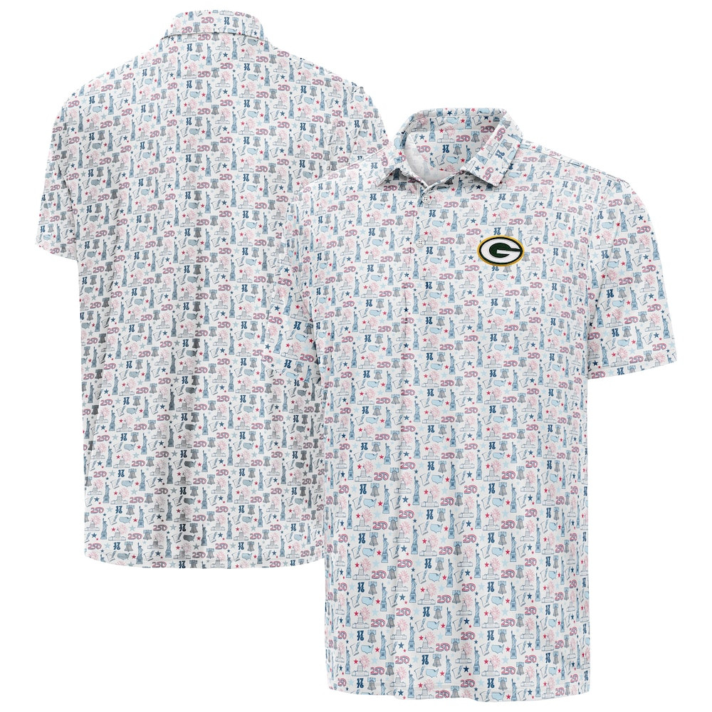 Green Bay Packers Merch - Men's America 250 Freedom Desert Dry Polo, White - Antigua - Football Gifts For Him