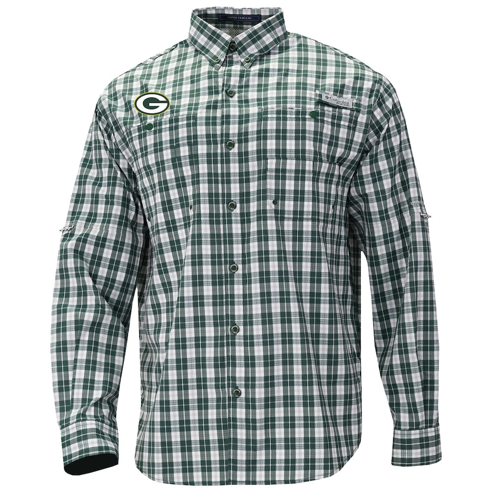 Green Bay Packers Merch - Men's Columbia Super Slack Tide Long Sleeve Button-Up, Green - Best Presents For Football Lovers