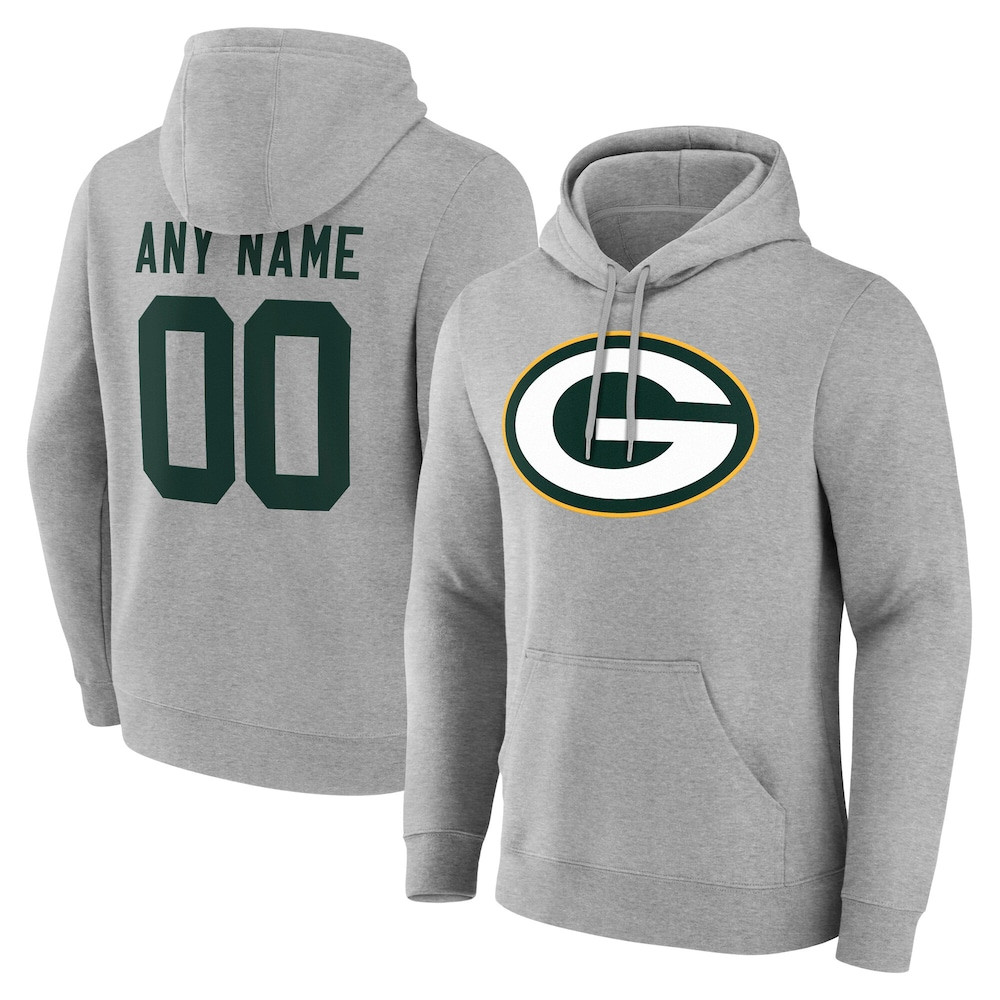 Green Bay Packers Merch - Men's Gray Team Authentic Personalized Name & Number Hoodie - Football Fan Gift Ideas