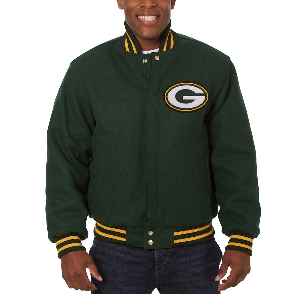 Green Bay Packers Merch - Men's JH Design Embroidered Wool Jacket, Green - Cool Football Gift Ideas