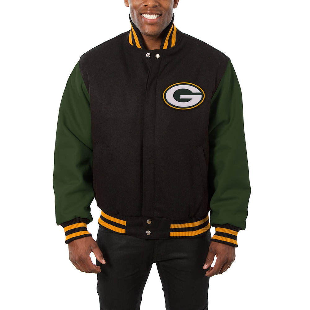 Green Bay Packers Merch - Men's JH Design Wool Full-Snap Jacket, Big & Tall, Black Green - Gifts For American Football Fans