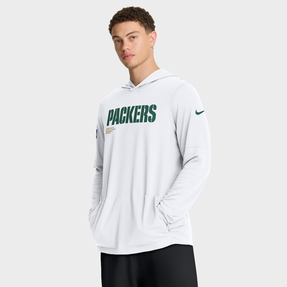 Green Bay Packers Merch - Men's Sideline Pure Fury Performance Long Sleeve Hooded T-Shirt, White - American Football Presents