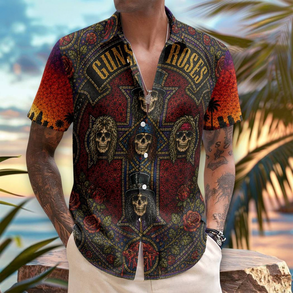 Guns N Roses Gothic Stained Glass Hawaiian Shirt 2026 GNR Merch Best Gift For Band Fans