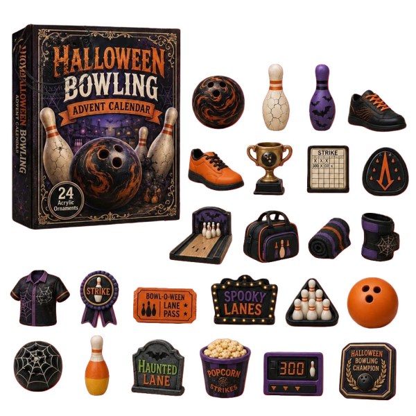 Halloween Bowling Advent Calendar 24 Flat Printed Acrylic Ornaments Spooky Sports Countdown Set - Image 2
