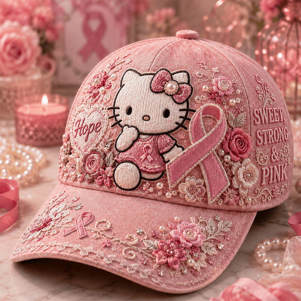Hello Kitty Breast Cancer Awareness Floral Hat Sweet Strong And Pink Cap Gifts For Her