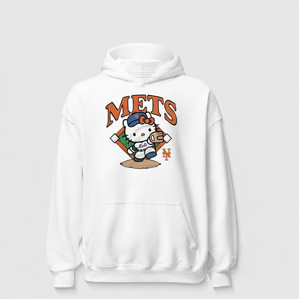 Hello Kitty X New York Mets Pitch Cartoon Hoodie NY Mets Merch Best Gifts For Baseball Fans