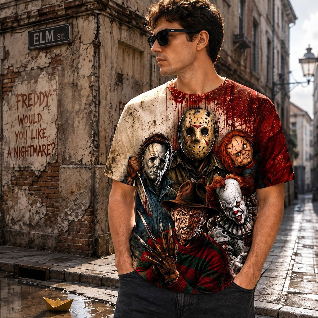 Horror Movie Characters T-Shirt Jason Freddy Chucky Pennywise Shirt Gifts For Horror Lovers
