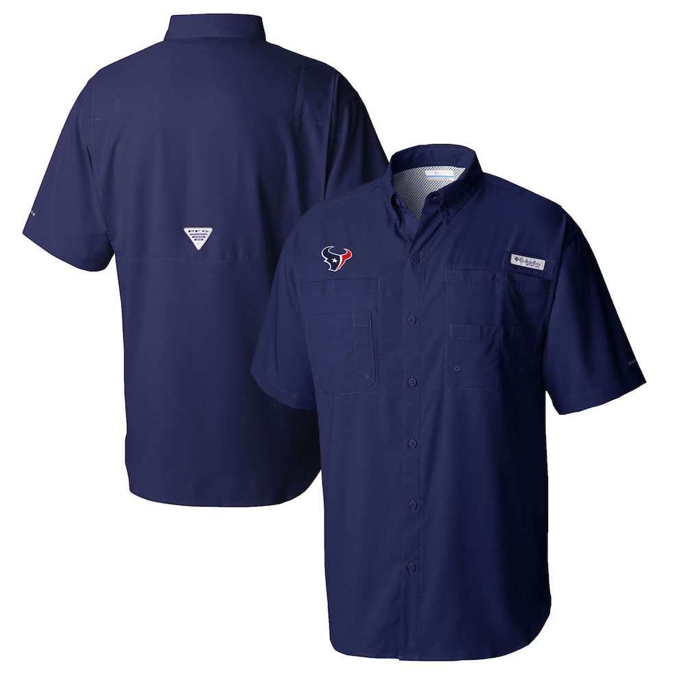 Houston Texans Merch - Men's Columbia Tamiami Omni-Shade Button-Down Shirt, Navy - Best Presents For Football Lovers