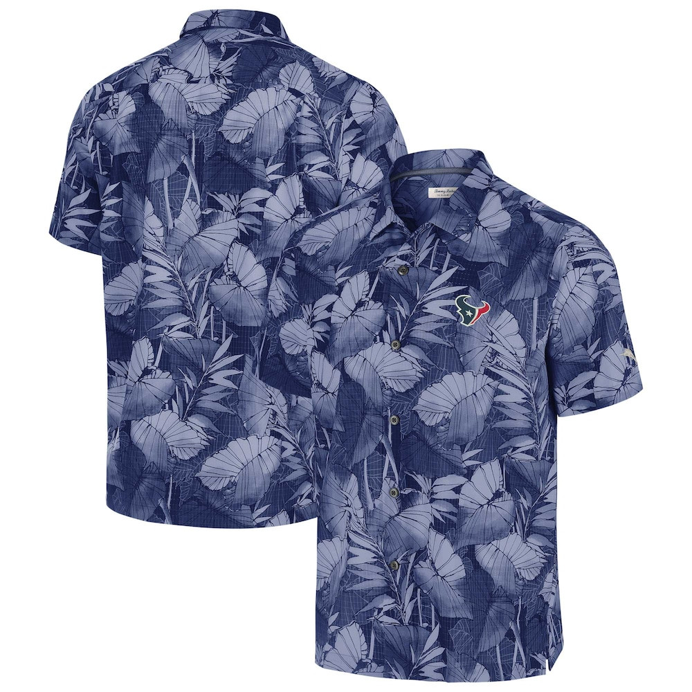 Houston Texans Merch - Men's Tommy Bahama Bahama Coast Nuevo Fronds Camp Button-Up Shirt, Navy - American Football Christmas Gifts