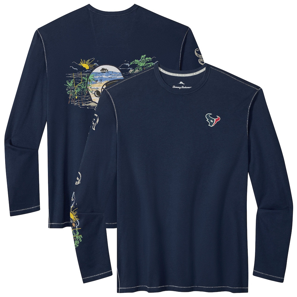 Houston Texans Merch - Men's Tommy Bahama Oasis Endzone Lux Long Sleeve T-Shirt, Navy - Football Fan Birthday Gift