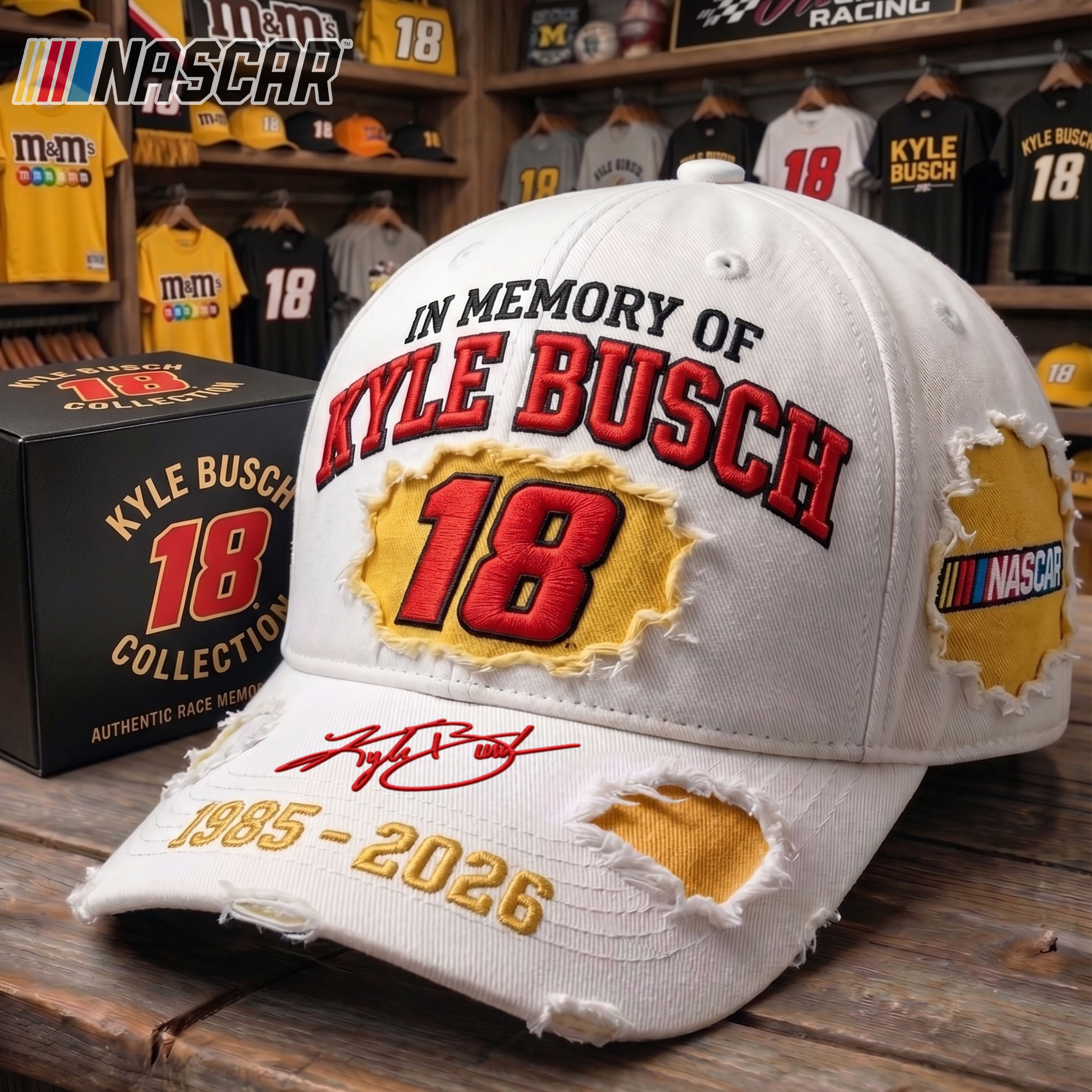 In Memory Of Kyle Busch #18 Distressed Hat RIP Kyle Busch 1985 2026 Merch NASCAR Fan Gifts