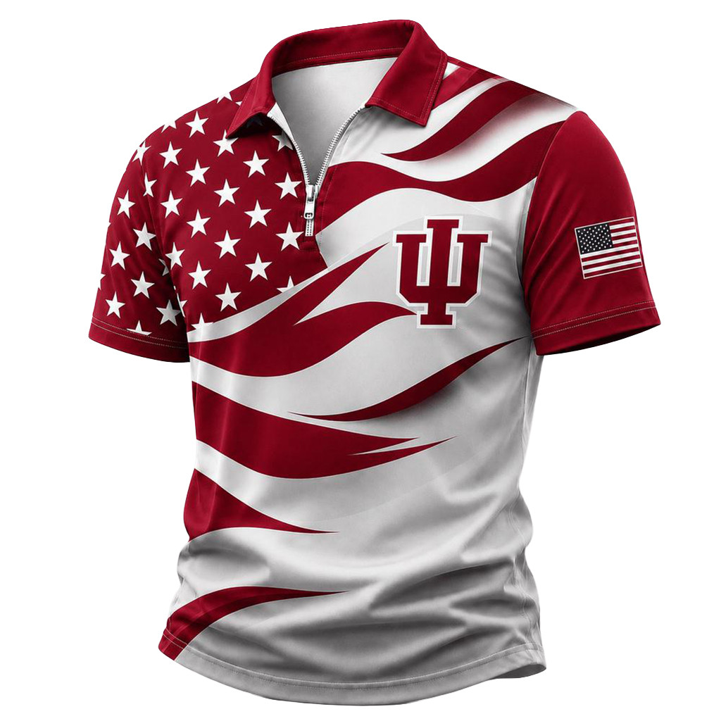 Indiana Hoosiers Freedom Wave Zipper Polo Shirt USA Flag 2026 Indiana Hoosiers Merch Him Gifts