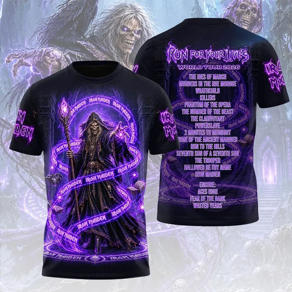 Iron Maiden 2026 World Tour Purple Mascot T-Shirt Run For Your Lives Tee Iron Maiden Merch