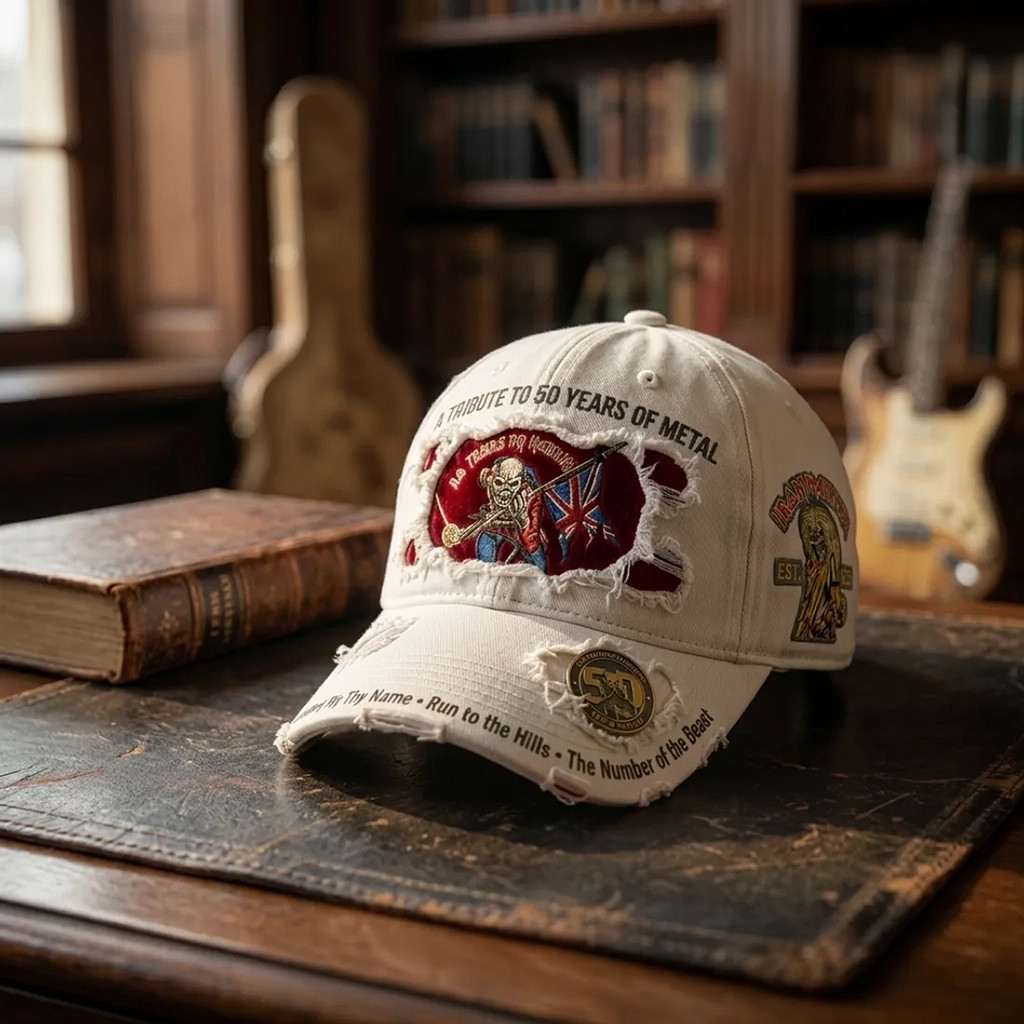 Iron Maiden 50 Years of Metal Tribute Distressed Hat Iron Maiden Merch Music Lover Gift Ideas